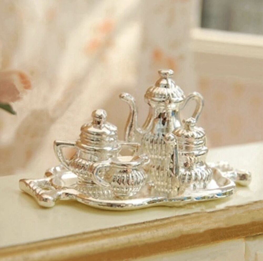 1:12 Dollhouse Miniature Traditional Silver Tea Coffee Set Dining 5 Pieces EUC